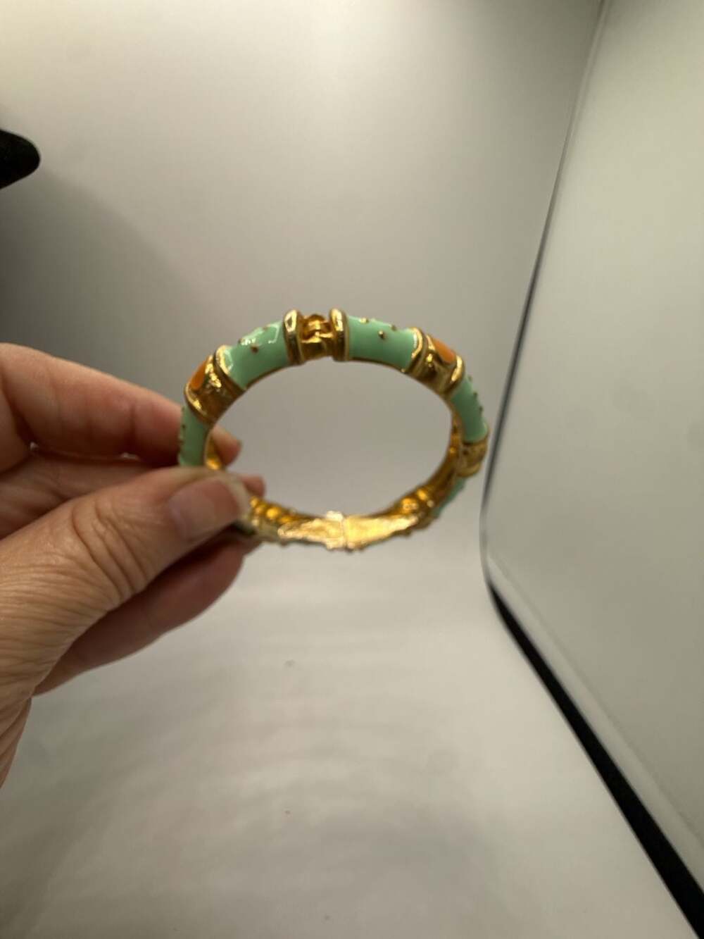 Fornash Gold Tone Mint Green and Orange Enamel Hinged Bamboo Bangle Bracelet